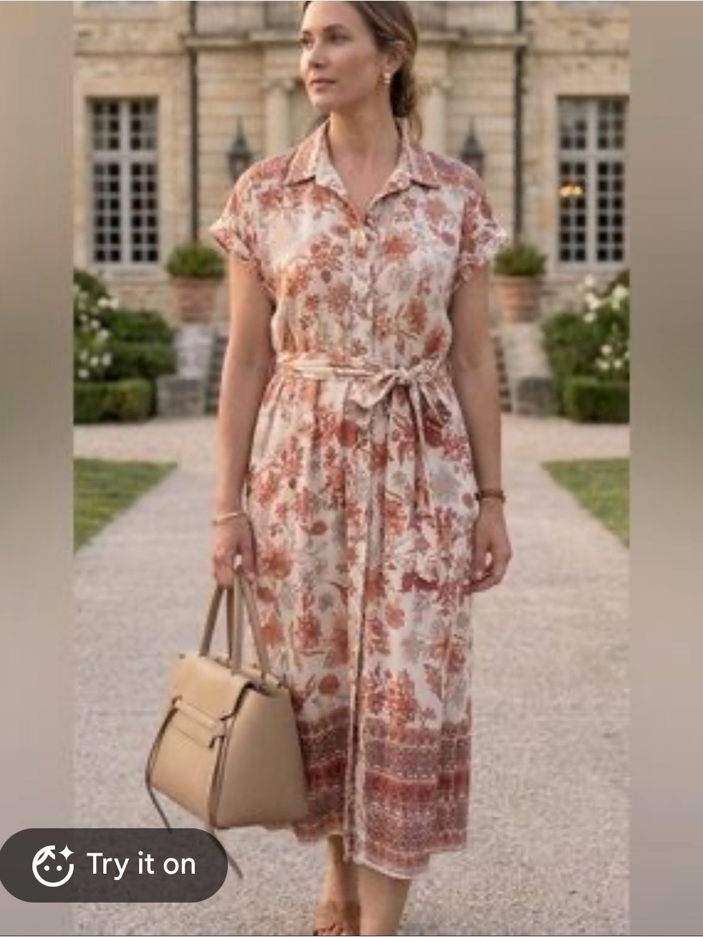 Lucky Brand Floral Button-Front Tie-Waist Midi Dress in Cream and Rust Medium